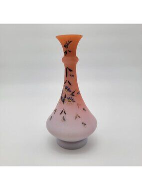 Antique Victorian Handpainted Peach Blow Satin Glass Vase With Floral Motif